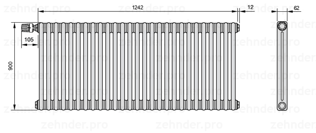 Схема (чертеж) Радиатор Zehnder Charleston 2090/27 №V011 Белый глянцевый RAL 9016
